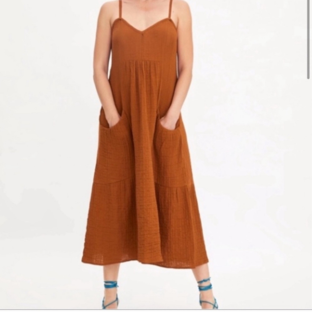 Zara Burnt Rust Crinkle Cotton Midi  Flowy Dress with Pockets